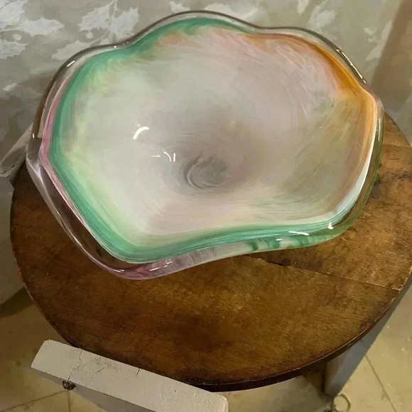 Art Glass Centerpiece Bowl White Multicolor Pastel Tones - Picture 1 of 5